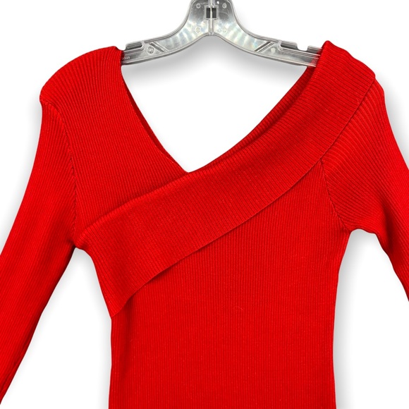 MAIN STRIP V Neck Sweater Dress Red Ribbed Knit Long Sleeve Womens Medium - Picture 6 of 12